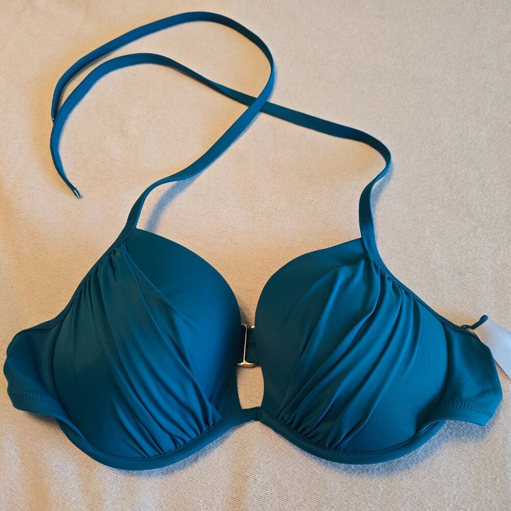 Shade & Shore Teal Bikini Top Ruched Halter Gold-Tone Clasp 38B NWOT